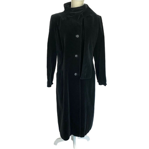 Vintage 80s Black Velvet Coat Dress W/ Scarf Drizzle Inc Button Down Knee Length